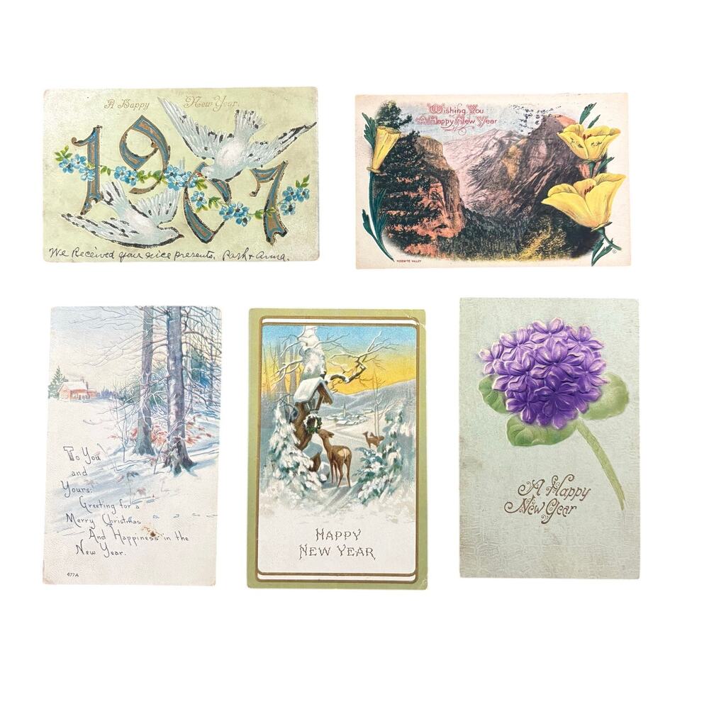 Antique Happy New Year Holiday Postcards Lot of 5 Early 1900s 1907 Gilt Embossed